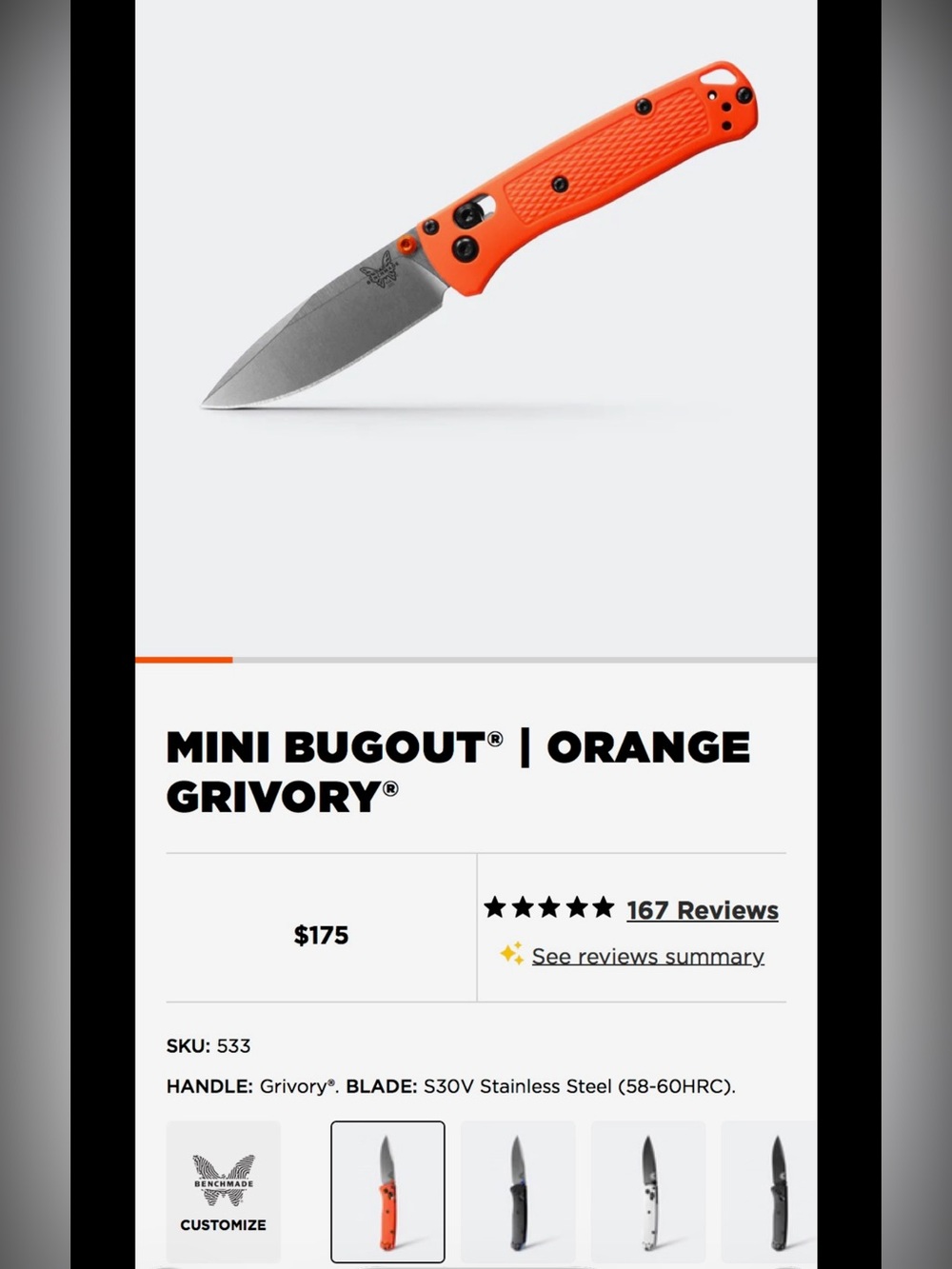 Benchmade Mini Bugout Folding Knife - Orange Grivory
